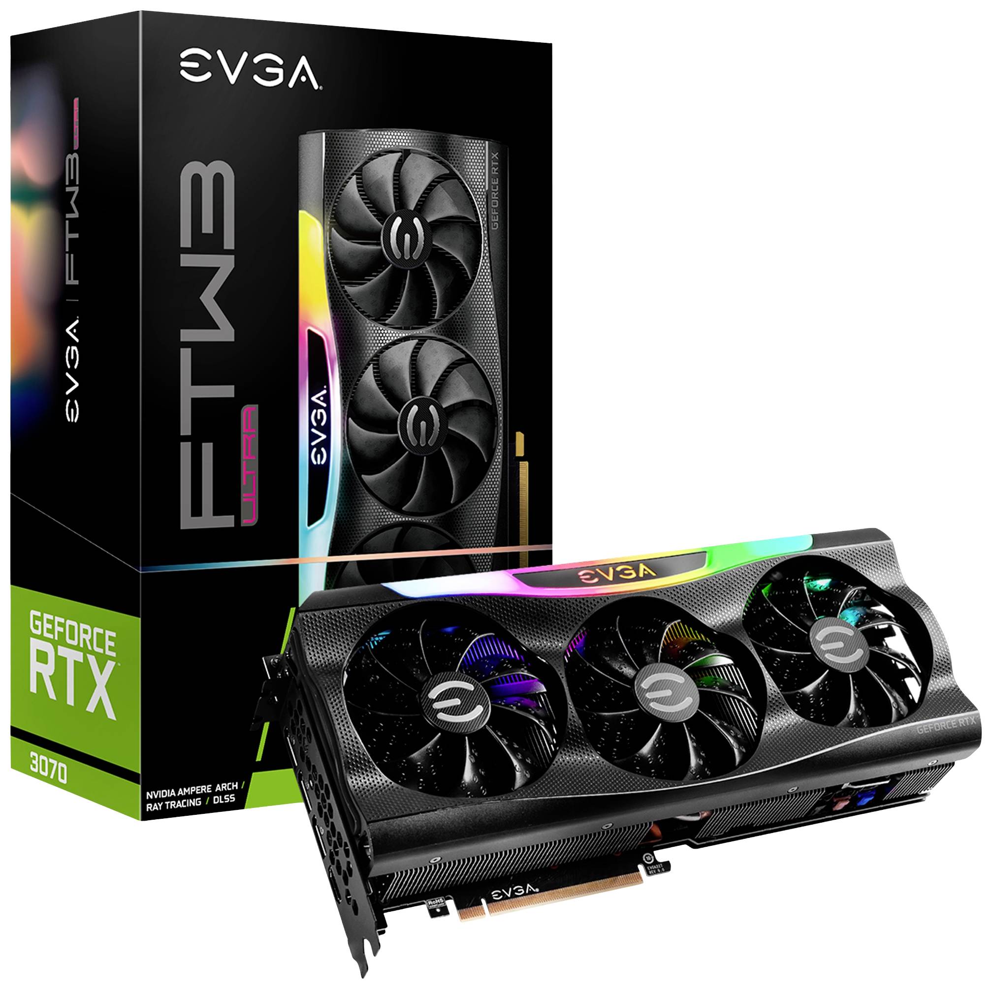 Karta graficzna EVGA GeForce RTX 3070 FTW3 Ultra z designem potrójnego wentylatora i podświetleniem RGB, prezentowana przed swoim opakowaniem.