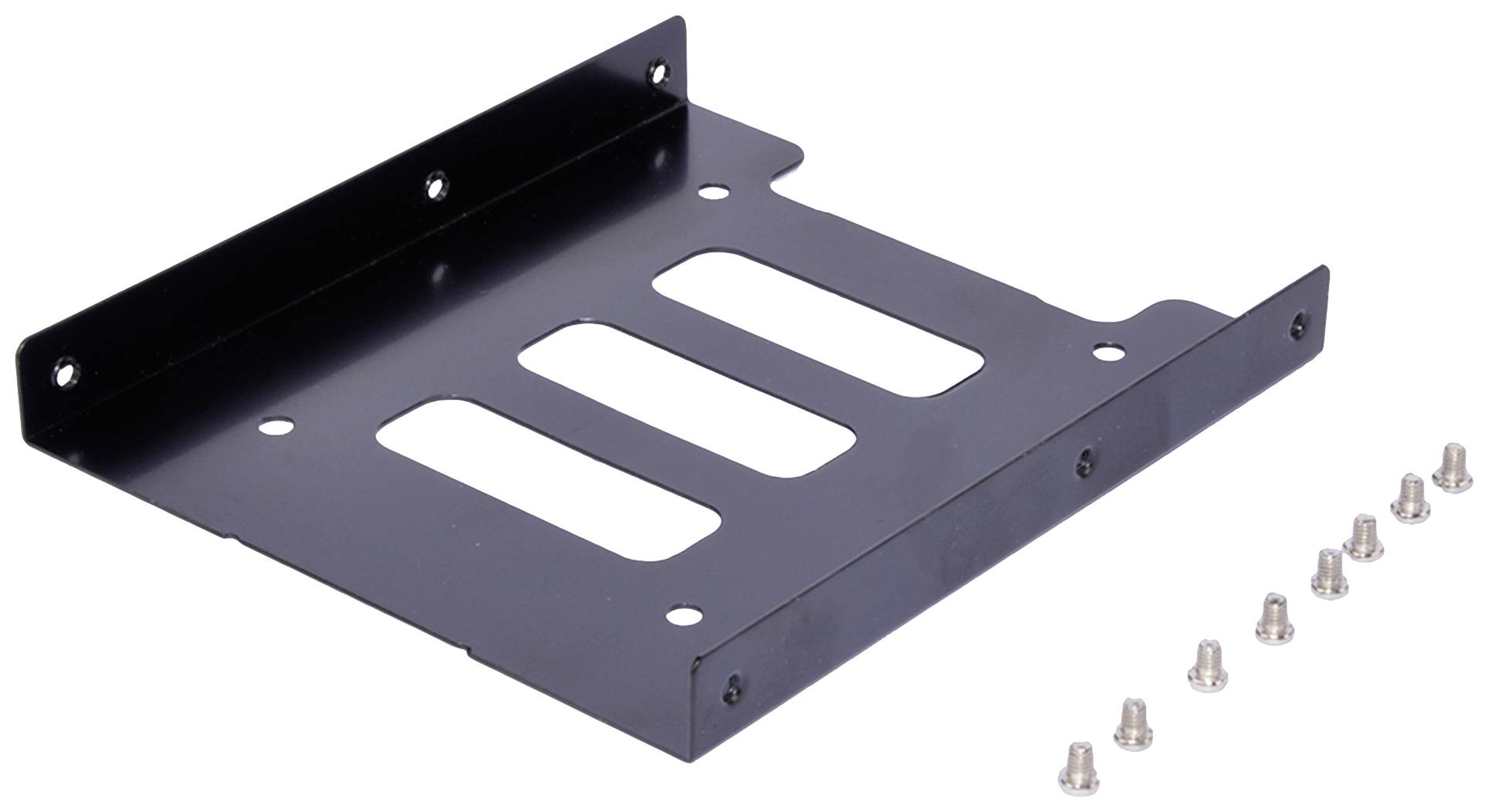 Czarny metalowy adapter do montażu dysku 2,5-calowego w kieszeni 3,5-calowej, obok niego osiem srebrnych śrub.