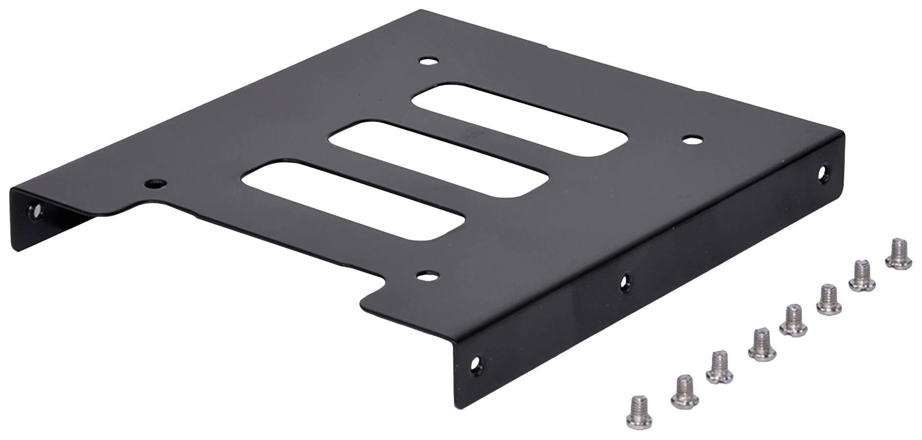Metalowa podstawka pod dysk twardy z otworami montażowymi po bokach oraz siedmioma śrubami, odpowiednia do budowy komputera.