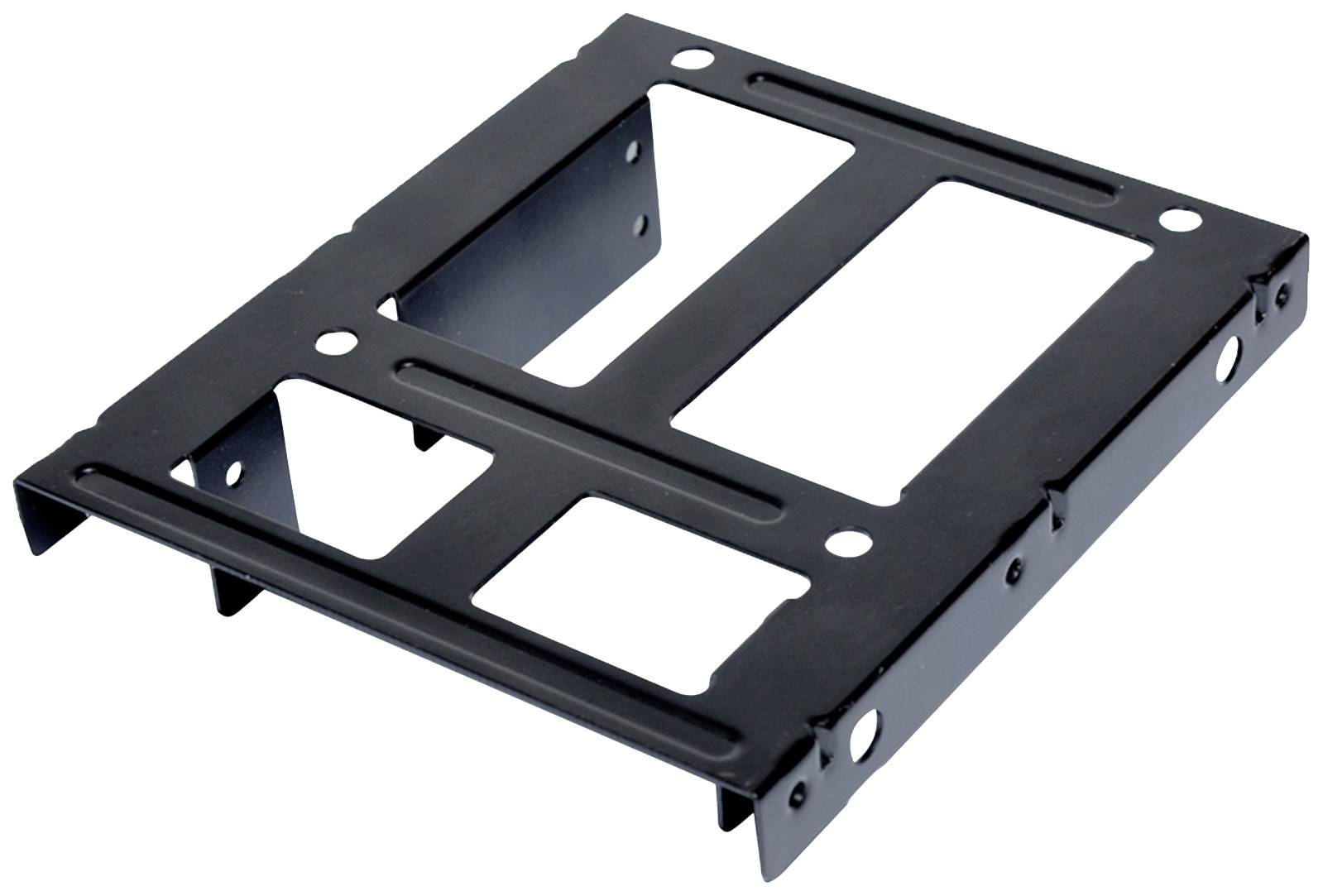 Czarna metalowa podstawa do montażu komponentów komputerowych, o prostokątnym kształcie z wieloma wycięciami.