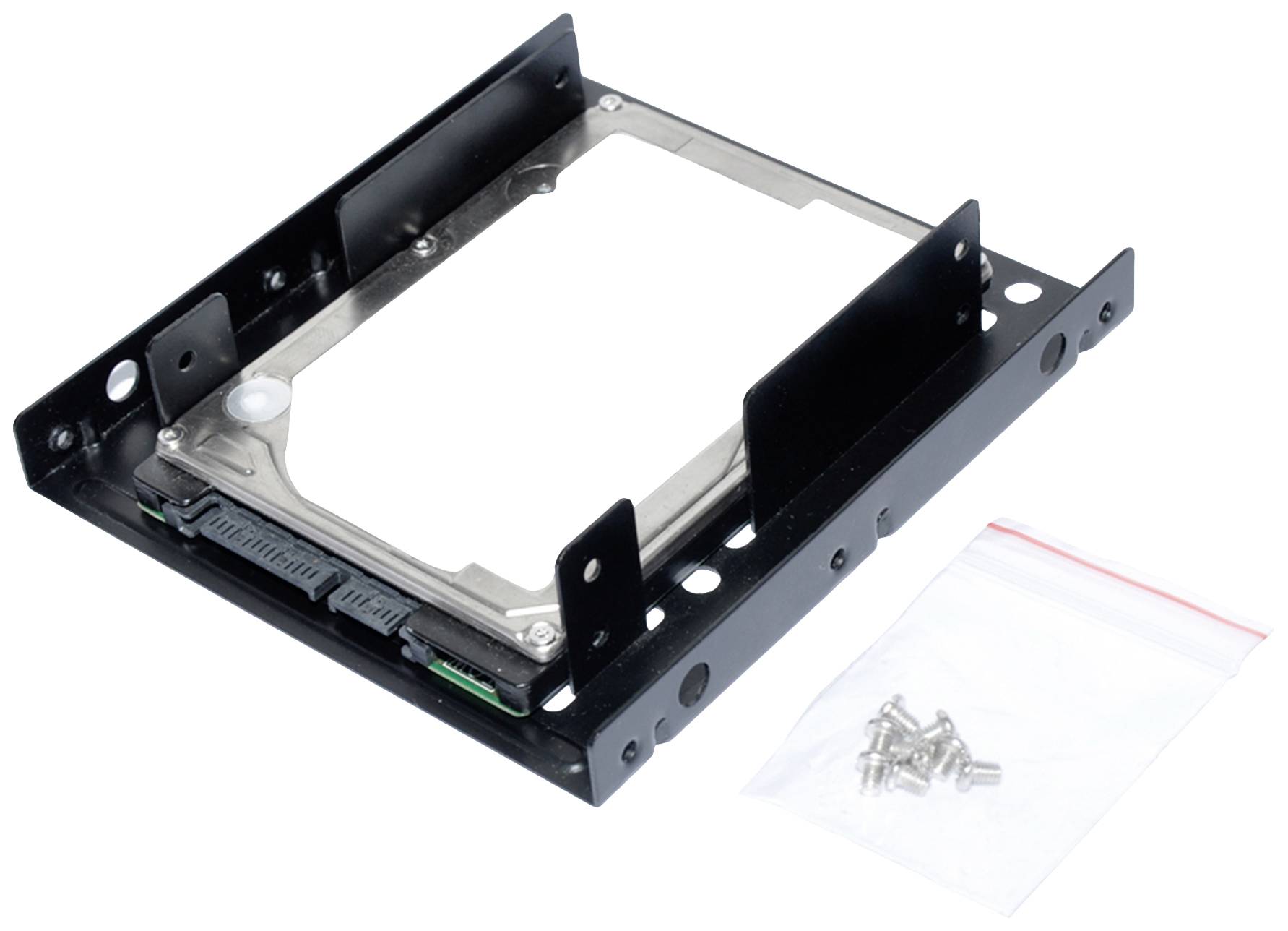 Ramka montażowa do dysku twardego z zestawem śrub. Umożliwia zamontowanie dysku twardego 2,5" w kieszeni 3,5" komputera PC.