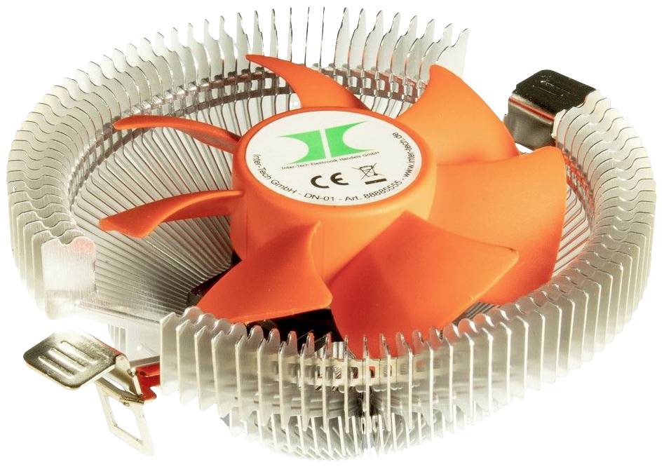 Pomarańczowy wentylator z metalowym radiatorem, typowo stosowany do chłodzenia procesora komputerowego.
