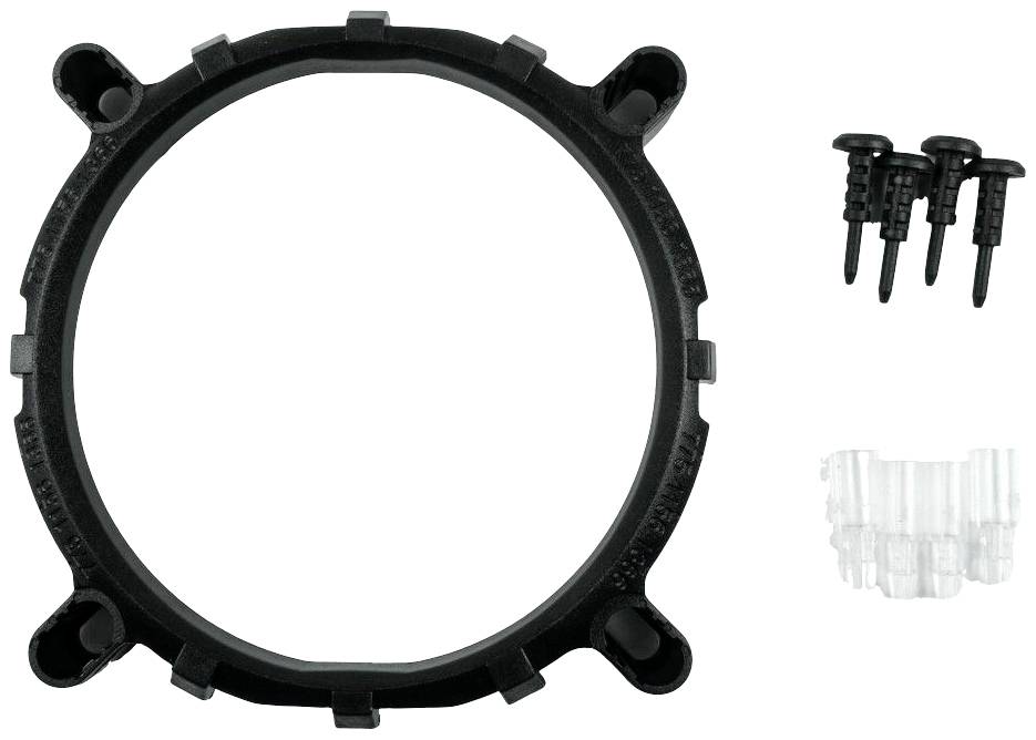 Czarny, okrągły plastikowy uchwyt z czterema otworami na śruby oraz zestawem przezroczystych, falistych mocowań po prawej stronie.