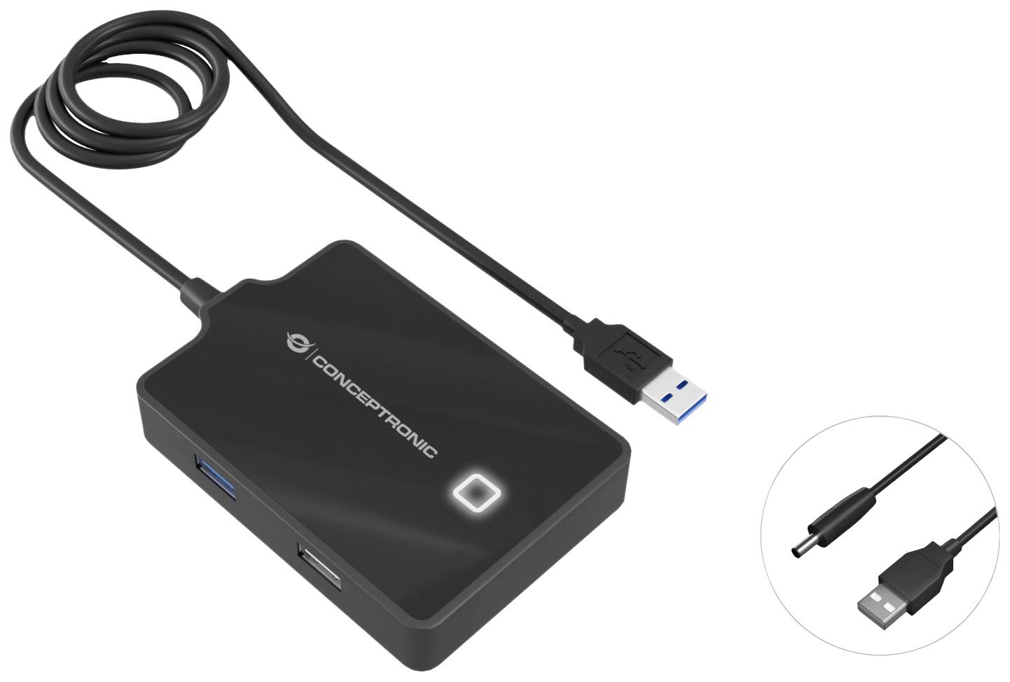 Zewnętrzna obudowa dysku twardego z kablem USB. Czarna obudowa z podświetlanym symbolem. Odpowiednia do transferu i przechowywania danych.