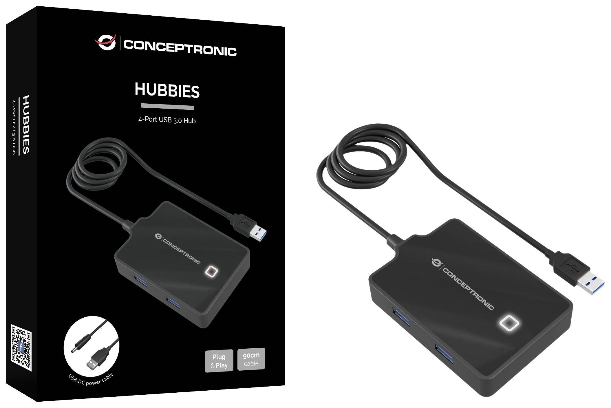 Koncepcyjne Hobby: 4-portowy hub USB 3.0 - opakowanie produktu i hub USB. Kabel adaptera z wtykiem USB-A, "Plug & Play".