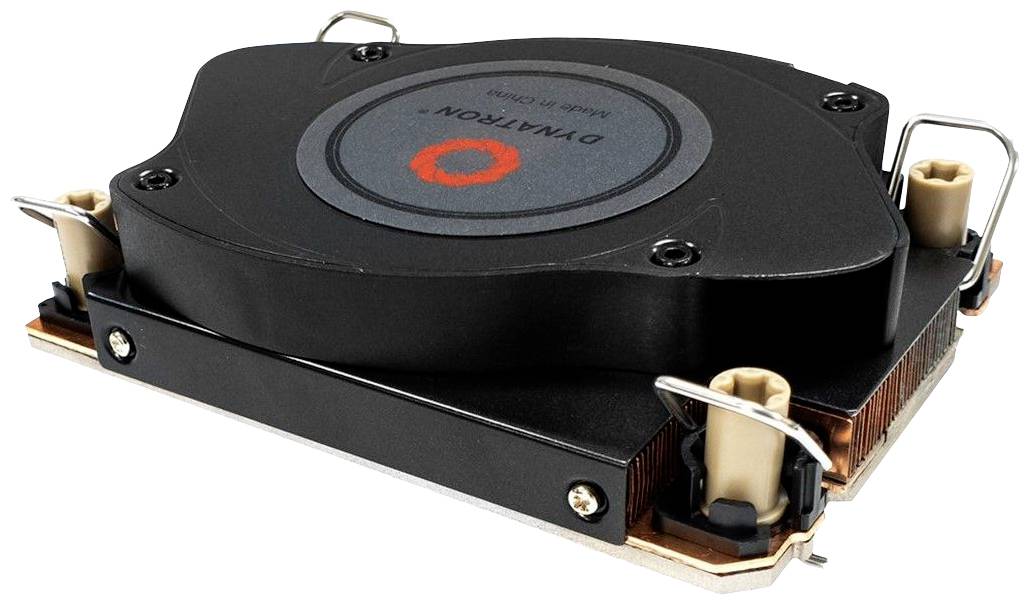 Czarny radiator procesora z kwadratowym wentylatorem pośrodku, zamocowany czterema zaciskami na miedzianej płytce.