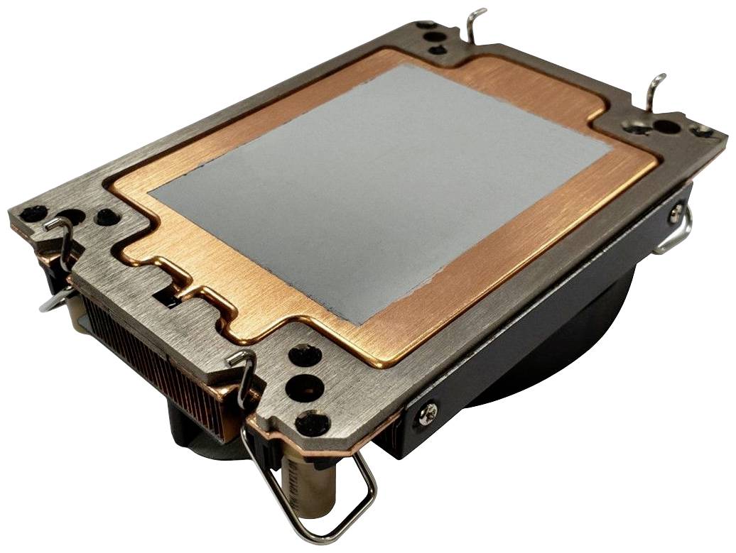 Kwadratowy radiator miedziano-metalowy z elementami mocującymi, stosowany do chłodzenia urządzeń technicznych.