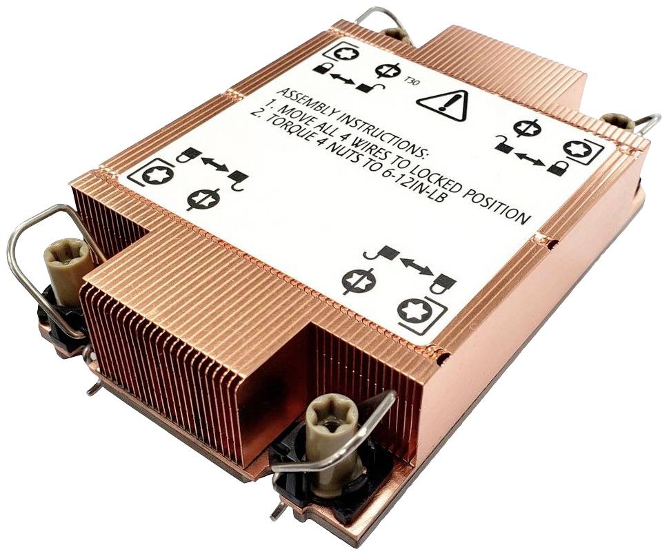 Miedziana chłodnica z naniesionymi instrukcjami montażowymi, symbolami elektrycznymi oraz wskazówkami dotyczącymi momentu obrotowego.
