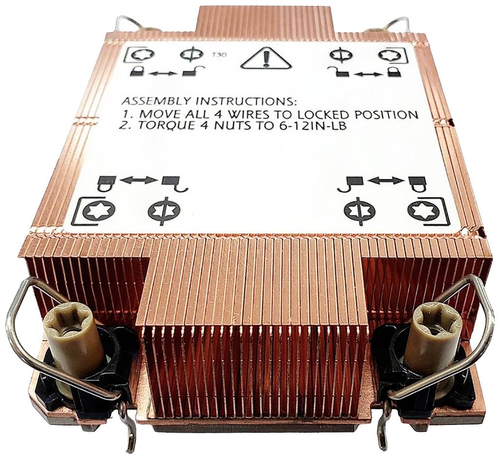 Miedzianozłoty radiator z instrukcją montażu na górnej powierzchni. Tekst: '1. Przesuń wszystkie 4 przewody do pozycji zablokowanej. 2. Dokręć 4 nakrętki momentem 6-12 cali-funtów.'