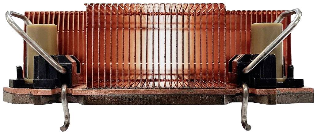Miedzianoczerwony radiator procesora z metalowymi żeberkami i mocowaniami, przeznaczony do odprowadzania ciepła z procesorów komputerowych.