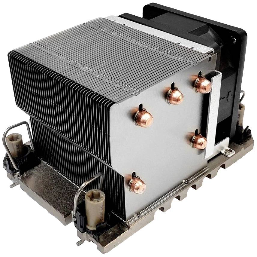Duży radiator CPU wykonany z metalu, wyposażony w kilka miedziaych heat pipe'ów i wentylatorem, przeznaczony do stosowania w komputerach wysokowydajnościowych.