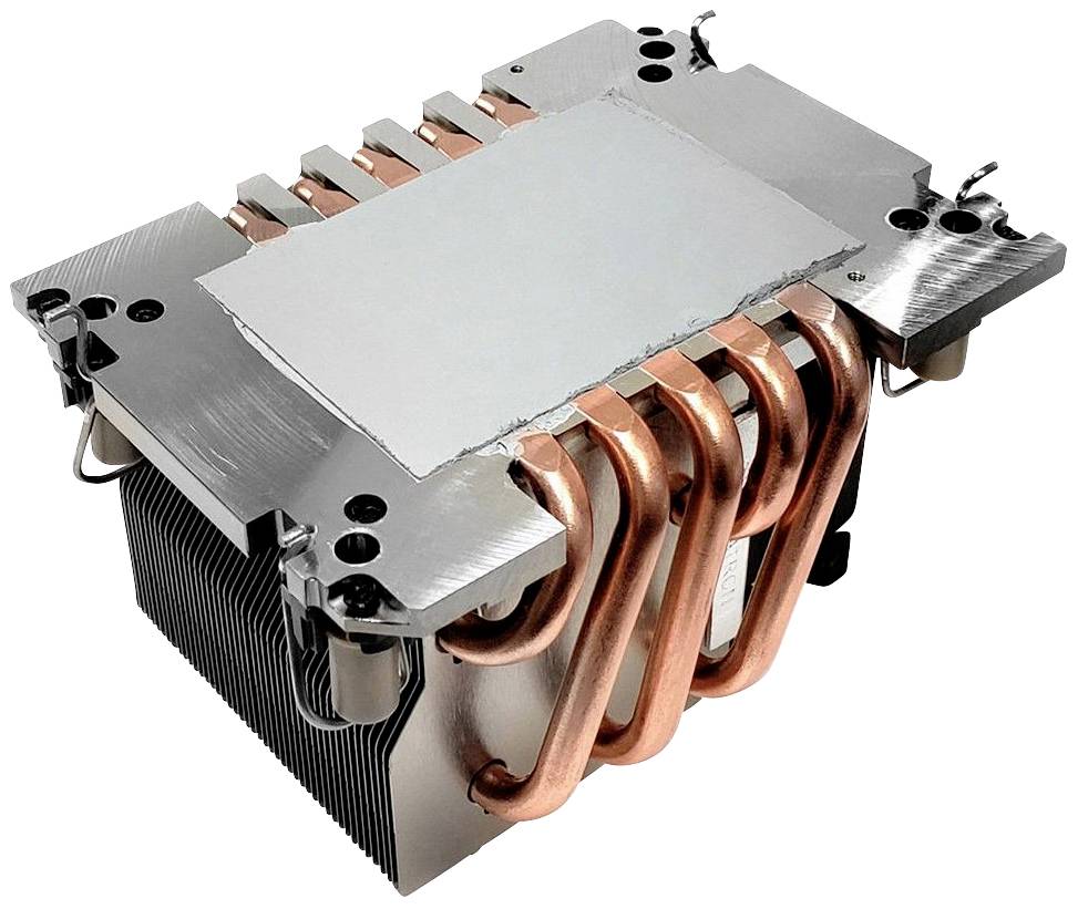 Radiator komputerowy z miedzianymi rurkami cieplnymi i metalowymi żeberkami do odprowadzania ciepła z procesorów, bez użycia wentylatora.