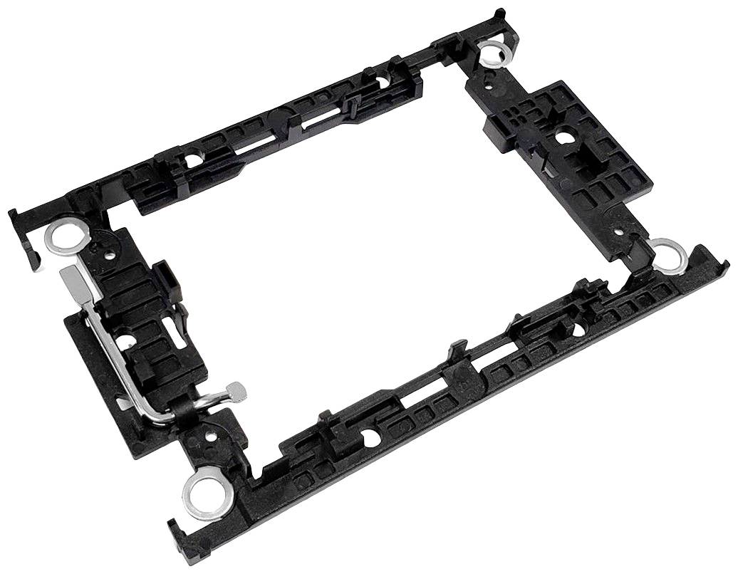 Prostokątny czarny element plastikowy, prawdopodobnie uchwyt lub rama do urządzenia technicznego, z kilkoma punktami mocowania.