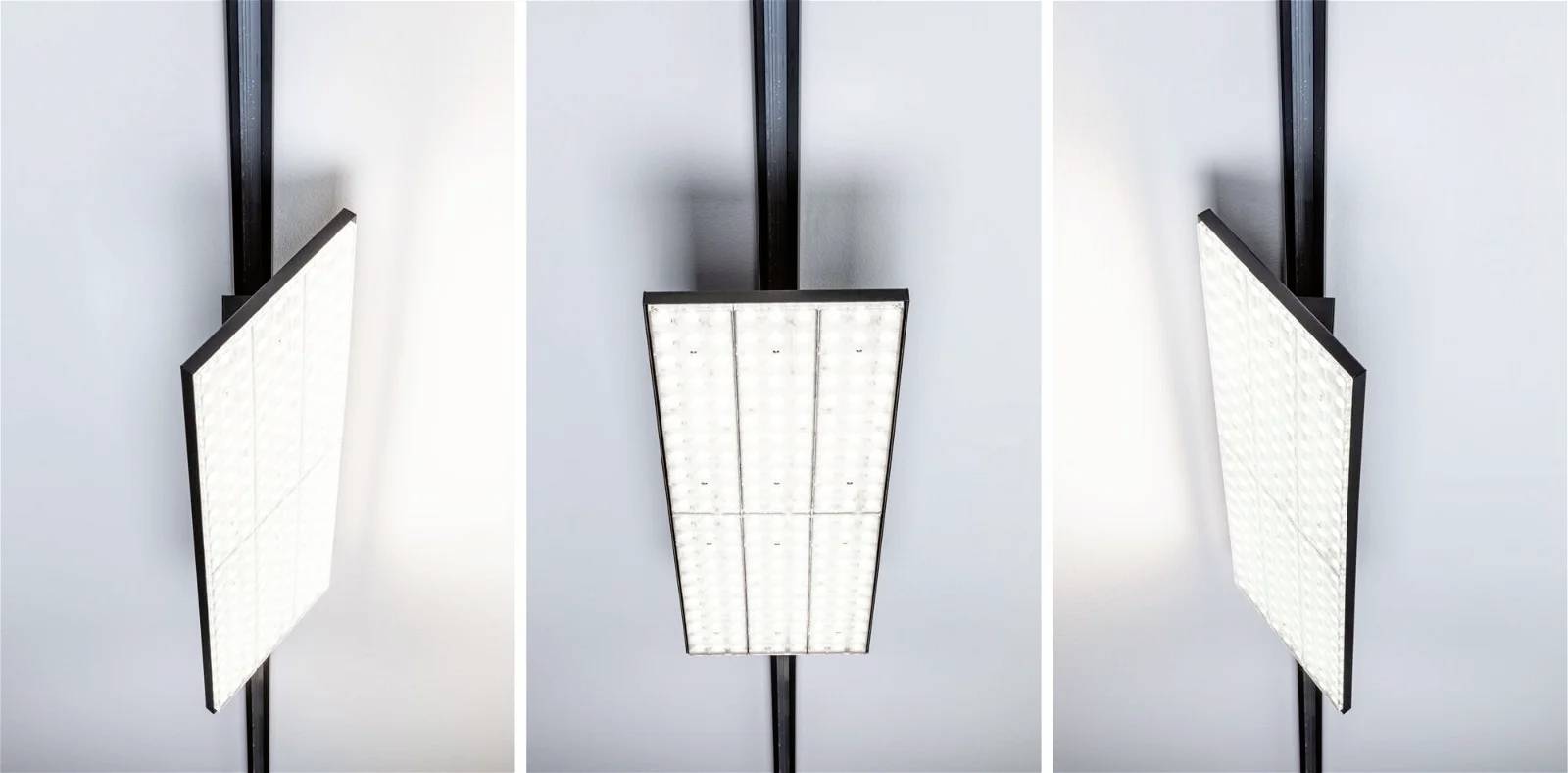 Lampa sufitowa LED w różnych perspektywach, prezentująca prostokątny design z wieloma małymi diodami świecącymi.