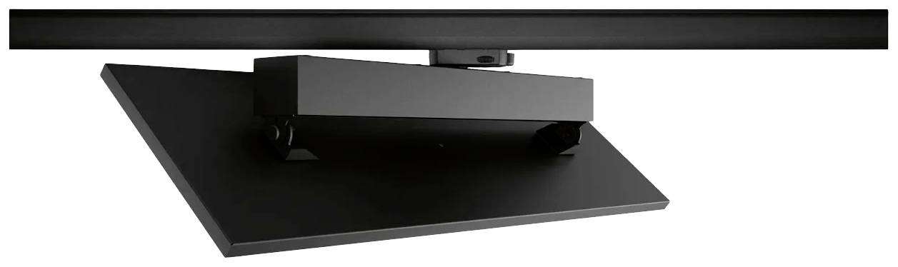 Czarny stojak telewizyjny z prostokątną podstawą i obrotowym mocowaniem.