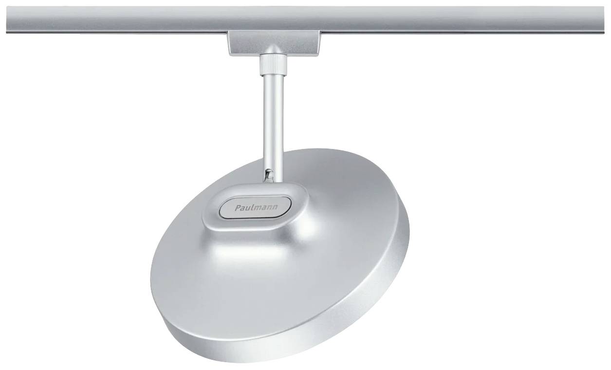 Srebrna lampa LED z okrągłą głowicą zamontowana na szynie sufitowej, odpowiednia do nowoczesnego systemu oświetlenia wnętrz.