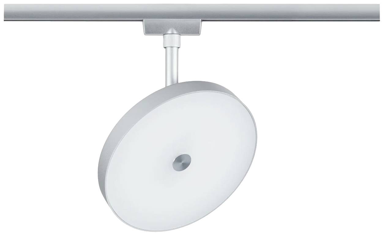 Lampa sufitowa z okrągłym, białym kloszem i srebrną obudową, zamontowana na szynie. Idealna do precyzyjnego oświetlenia.