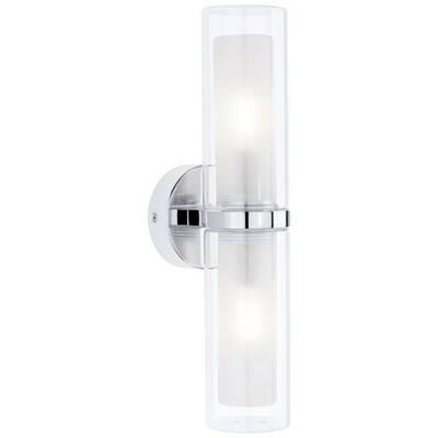 Cylindryczna lampa ścienna z dwoma źródłami światła, wykonana z przezroczystego szkła i osadzona w srebrnej oprawie, zapewniająca delikatne i równomierne oświetlenie.
