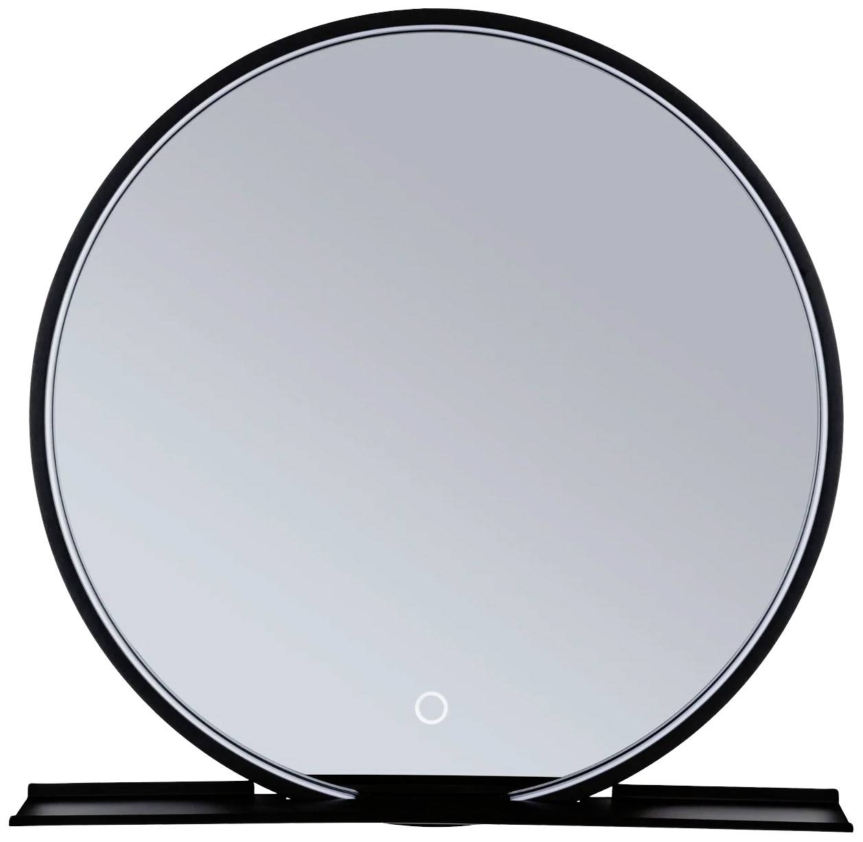 Okrągłe lustro stołowe z wąską ramką, stojące na czarnej podstawie. Idealne do toaletki lub łazienki.