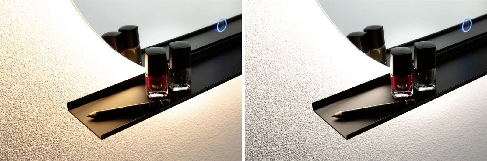 Dwa obrazy obok siebie: Po lewej stronie z cieplejszym światłem, a po prawej z chłodniejszym światłem. Oba przedstawiają lakier do paznokci i kredkę do oczu na tle lustra.