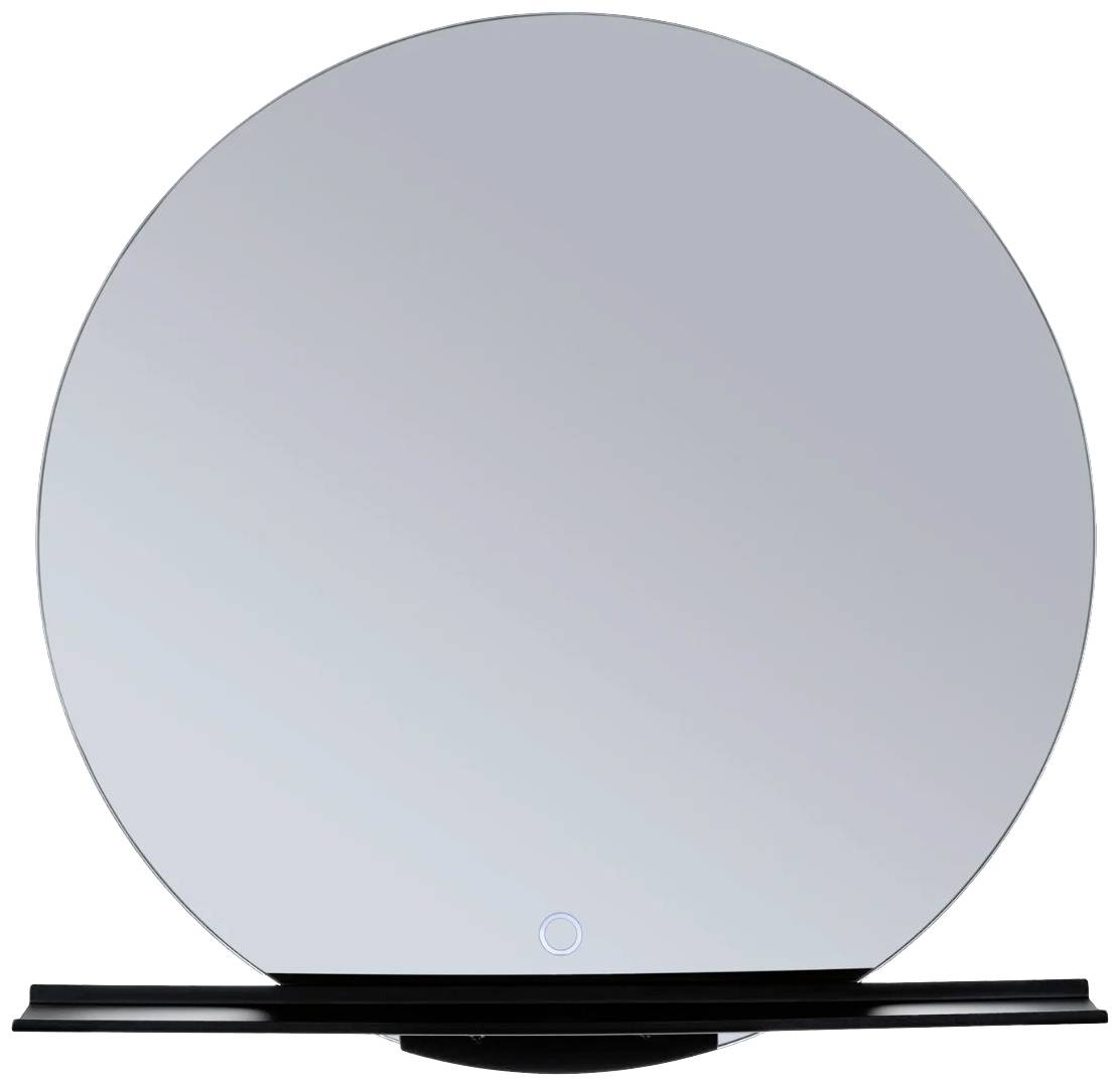 Okrągłe lustro z wąską, czarną półką poniżej.