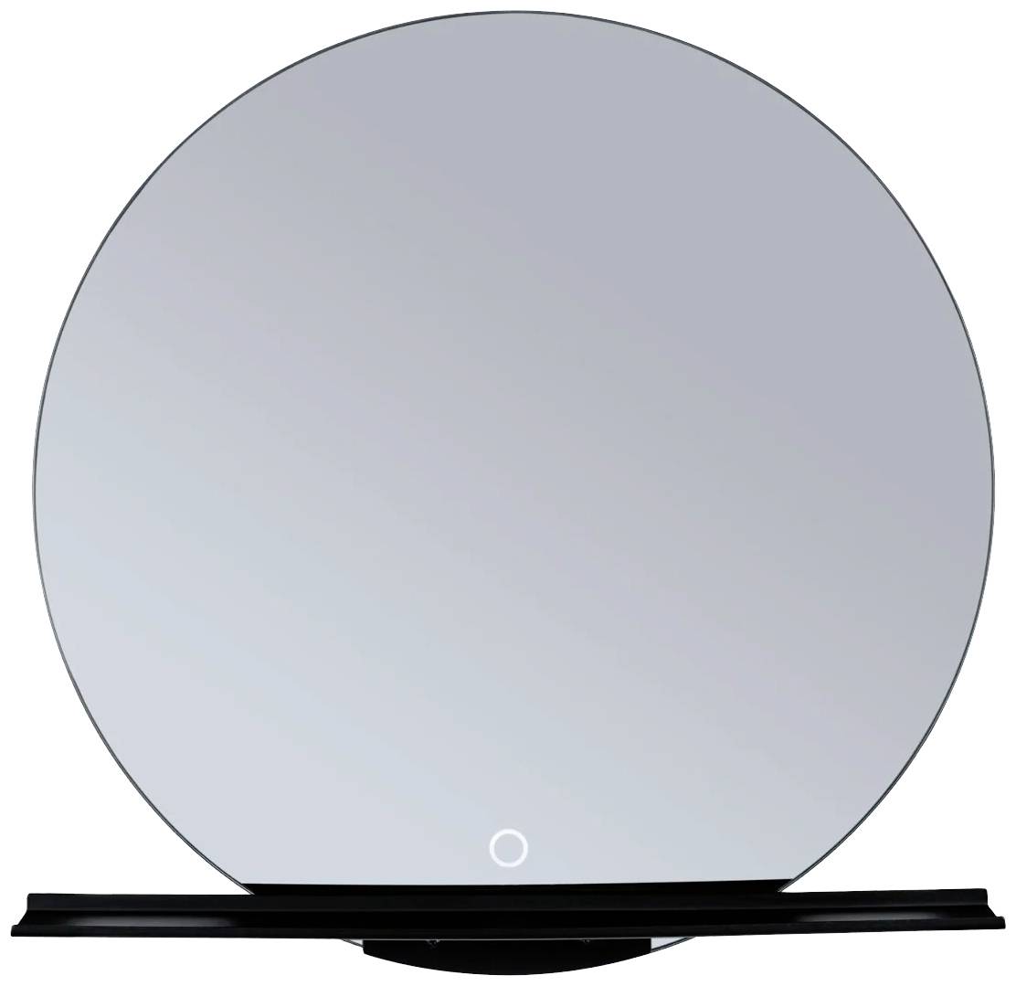 Okrągłe lustro z czarną ramką, delikatnie świecące w centrum, zamontowane na czarnym uchwycie.