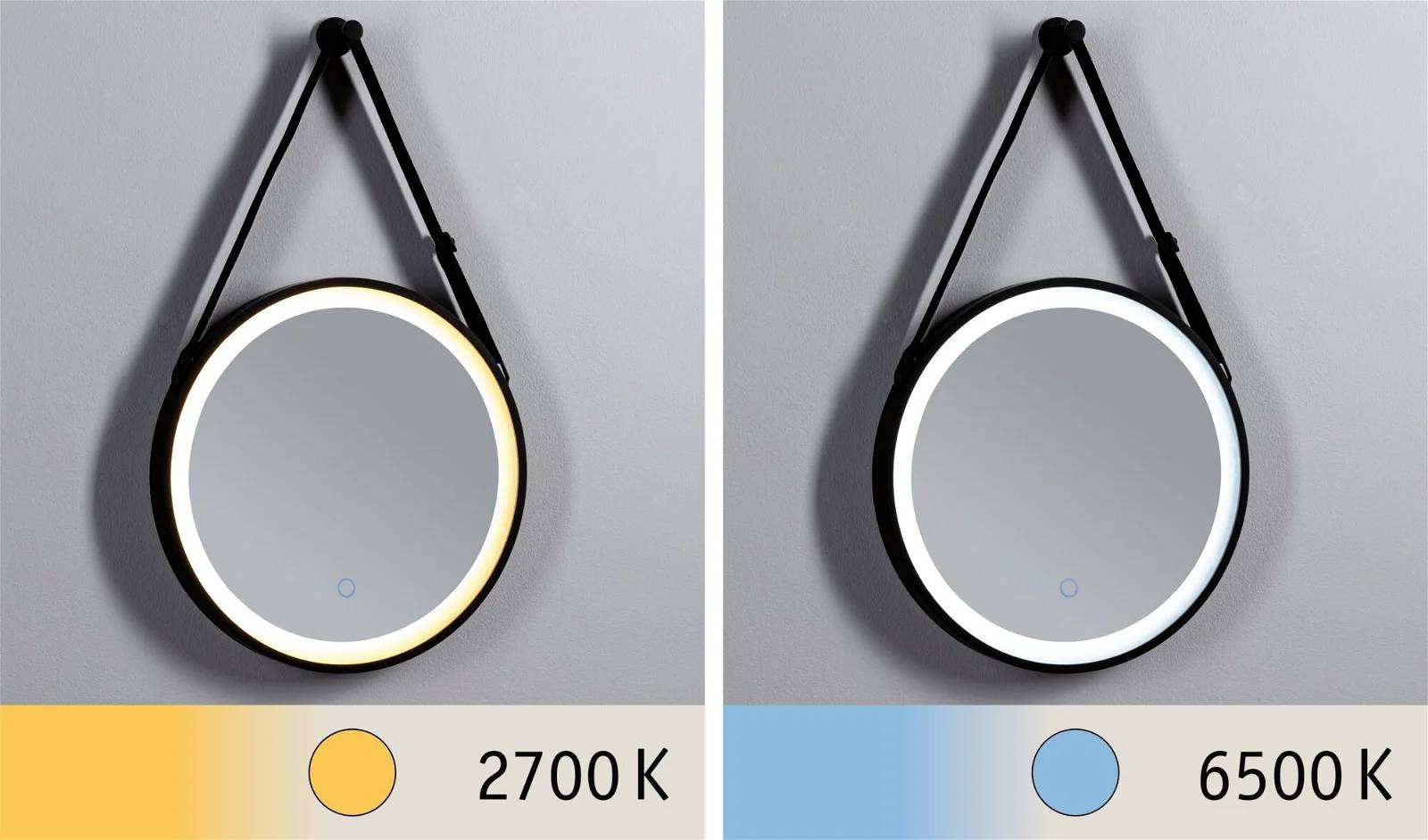 Okrągłe lustro z podświetleniem LED w dwóch odcieniach światła: po lewej stronie ciepłe światło (2700 K), po prawej stronie zimne światło (6500 K), zawieszone na ścianie.