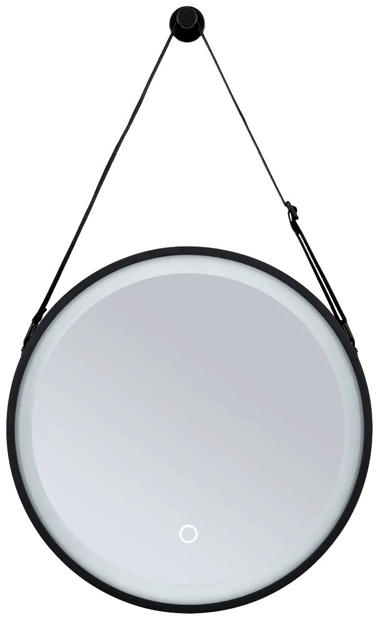 Okrągłe lustro ścienne z czarną ramą, zawieszone na skórzanym pasku. W dolnej części widoczny jest mały podświetlony krąg.