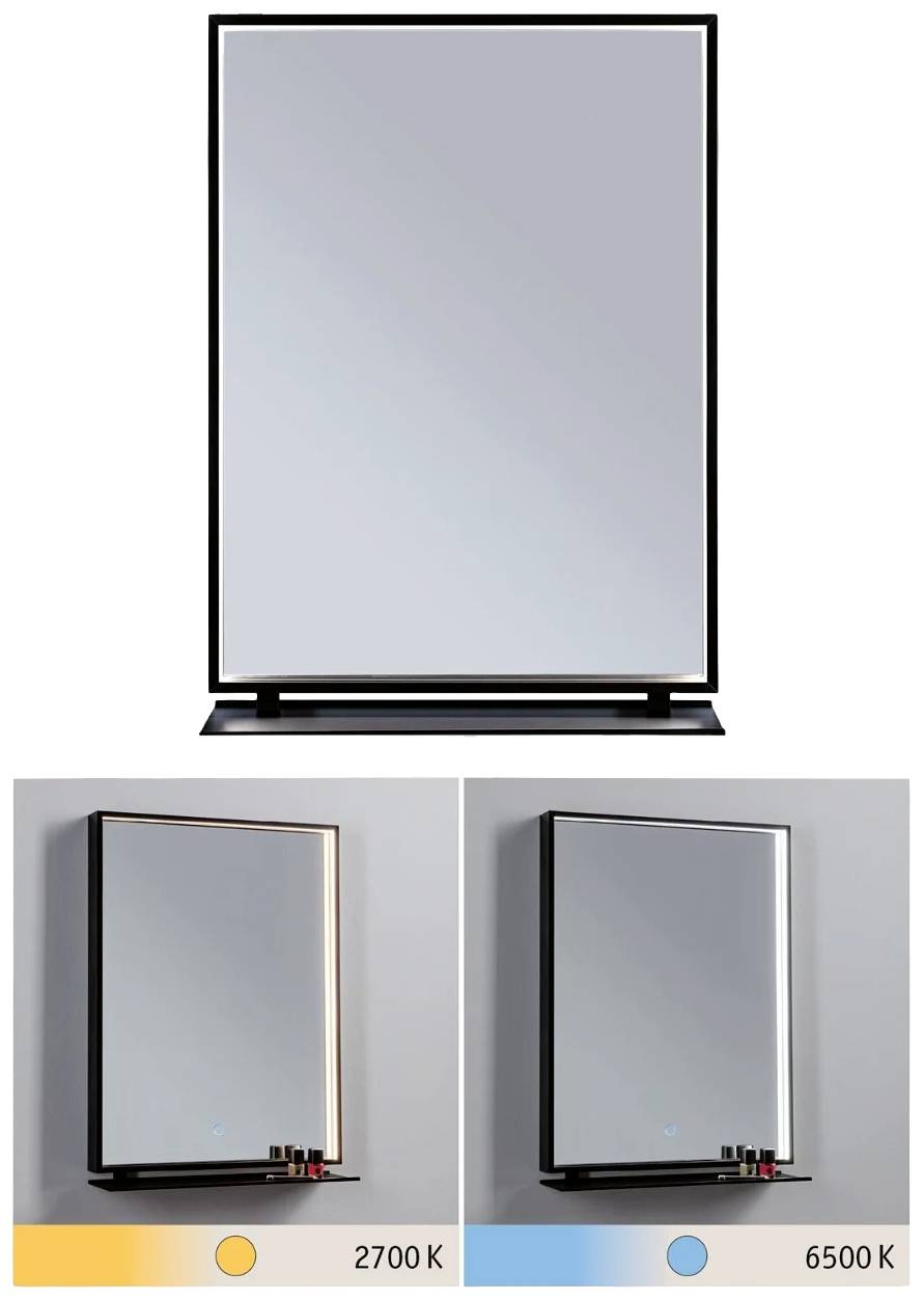 Prostokątne lustro z regulowanym oświetleniem, górna część w ciepłym świetle o temperaturze 2700 K, dolna część w zimnym świetle o temperaturze 6500 K.
