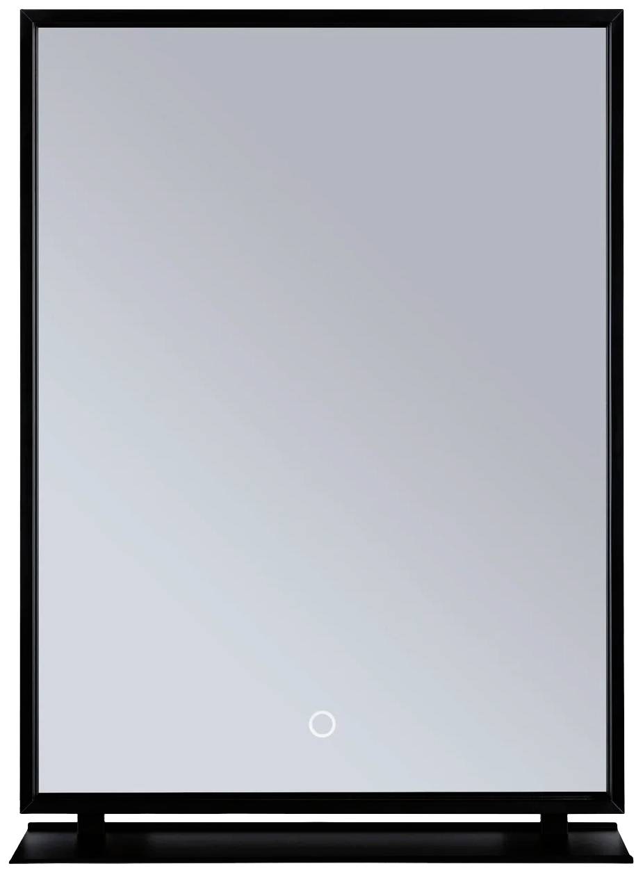 Prostokątne lustro z wąską, czarną ramką i małym, świecącym kołem u dołu.