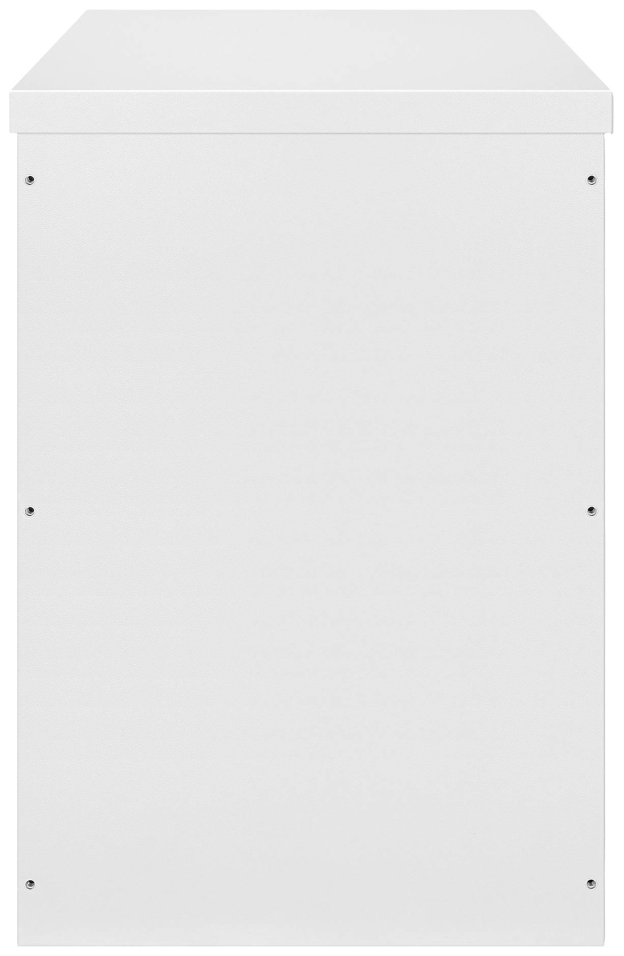 Biały, prostokątny pojemnik z widocznymi śrubami po bokach. Minimalistyczny design, charakterystyczny dla nowoczesnych mebli.