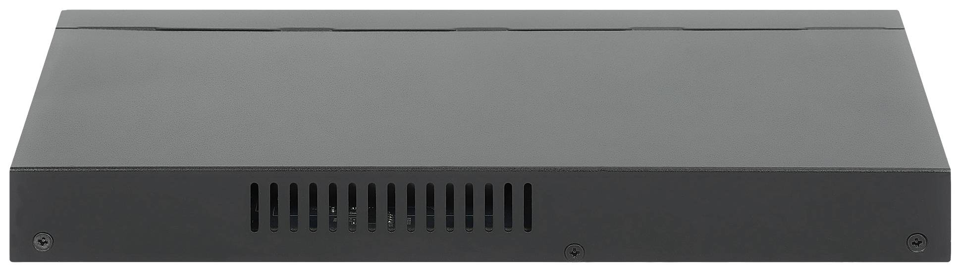 Czarny, prostokątny sprzęt elektroniczny, prawdopodobnie urządzenie sieciowe lub serwerowe, z otworami wentylacyjnymi z przodu.