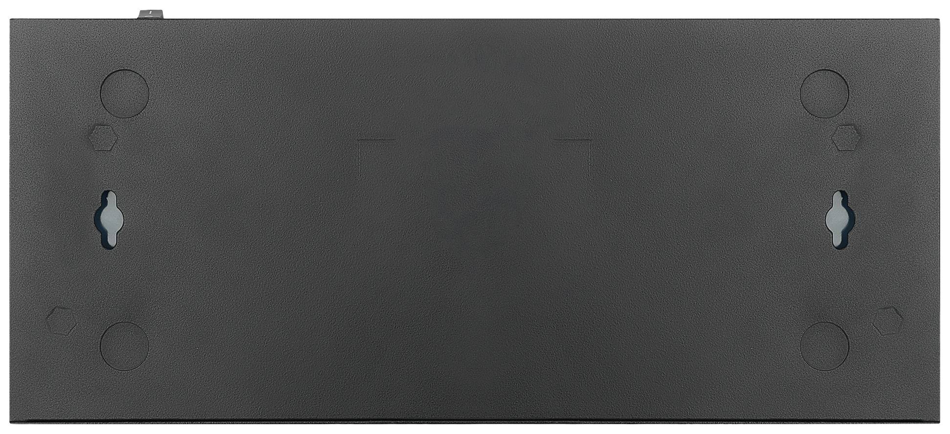 Czarna, prostokątna płyta metalowa z wieloma okrągłymi i sześciokątnymi wgłębieniami, otworami oraz dwoma wycięciami w kształcie dziurek od klucza.