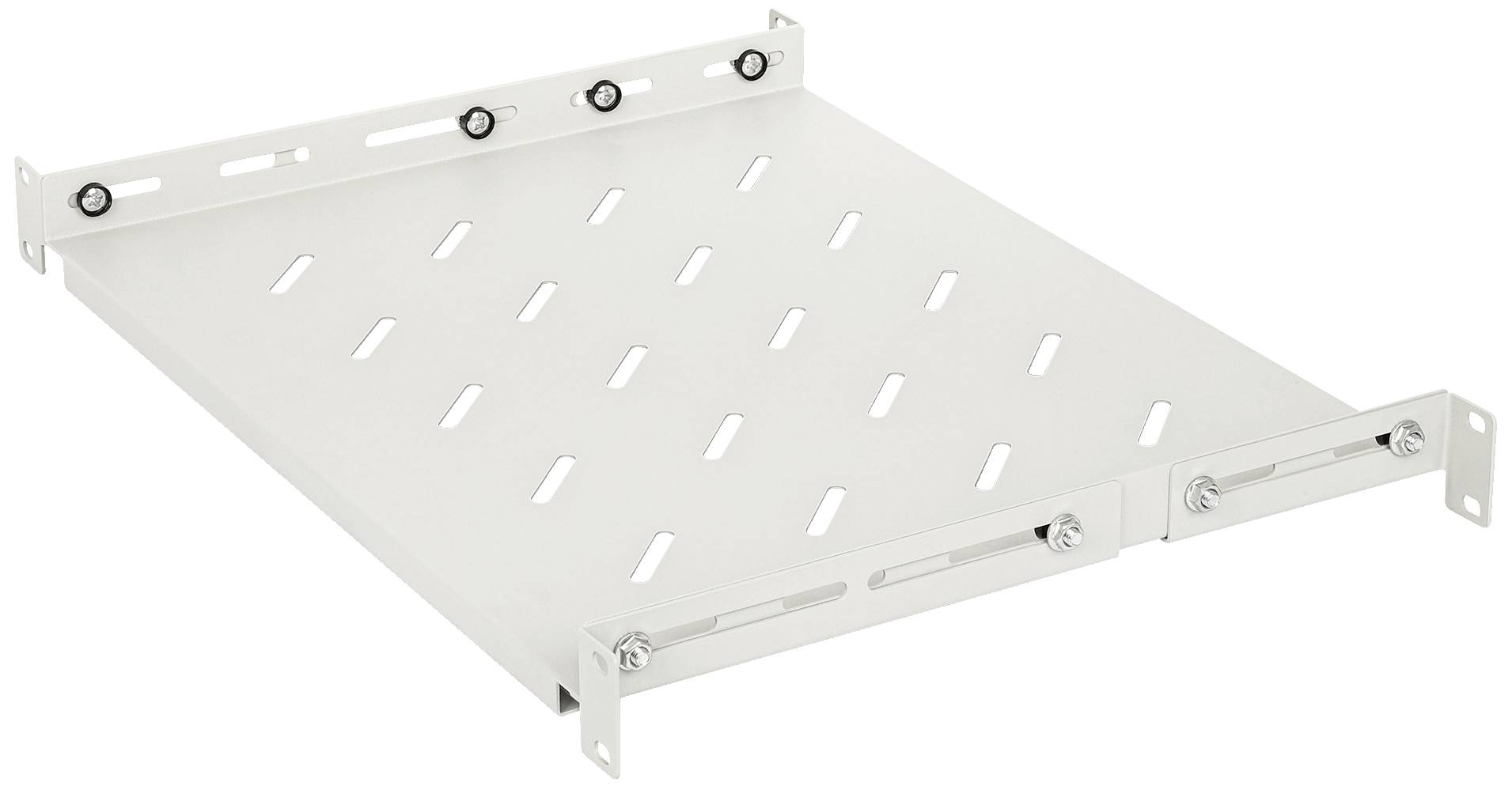 Biała, perforowana stalowa szafa rack z czterema punktami mocowania po bokach.