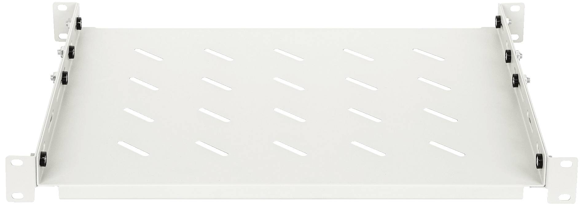 Białą półkę wentylacyjną z otworami do przepływu powietrza, przeznaczoną do zamontowania w szafie serwerowej lub sieciowej.
