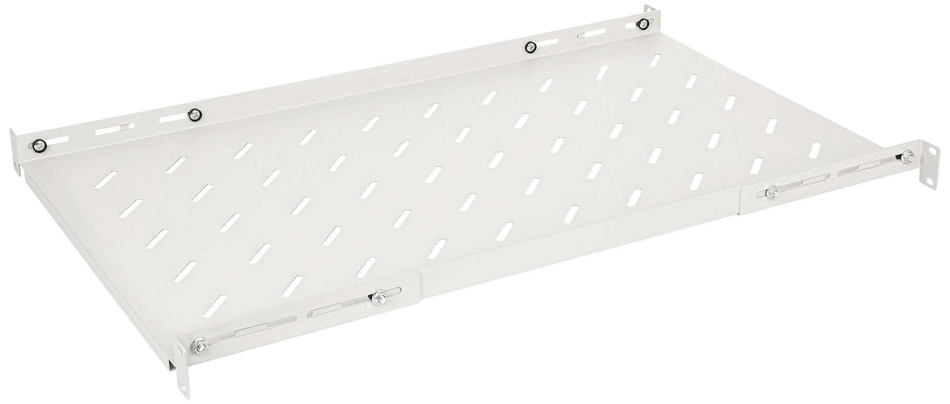 Metalowa półka z otworami wentylacyjnymi i uchwytami po bokach, odpowiednia do przechowywania lub organizacji w systemach regałowych.