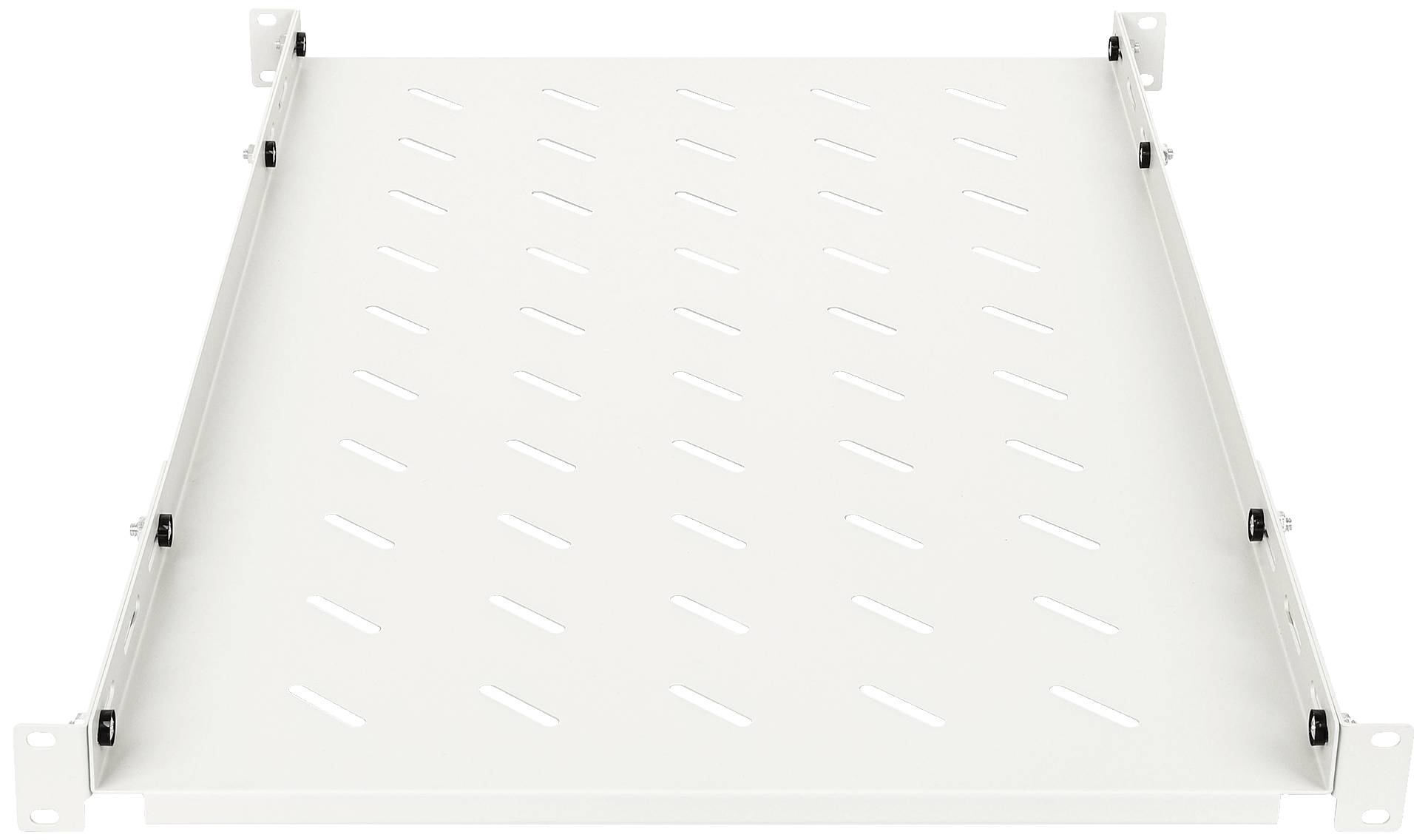 Biały metalowy regał z otworami, odpowiedni do zamocowania w stelażu lub szafce, prezentuje swoją perforowaną powierzchnię.