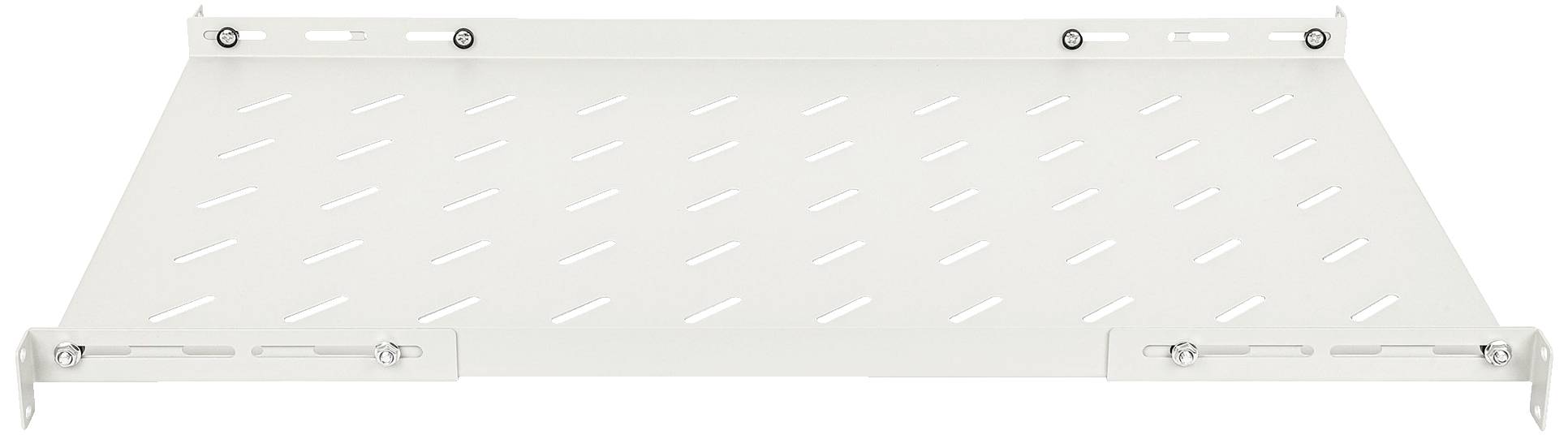 Białą, prostokątną półkę ścienną z wcięciami i otworami na śruby po bokach, przeznaczoną do zamocowania na ścianie.