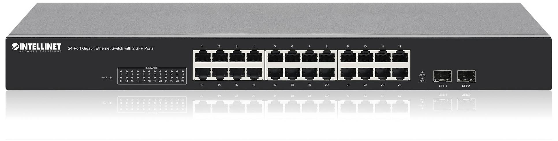 24-portowy przełącznik Gigabit Ethernet z dwoma dodatkowymi portami SFP, odpowiedni do łączenia większych sieci komputerowych.