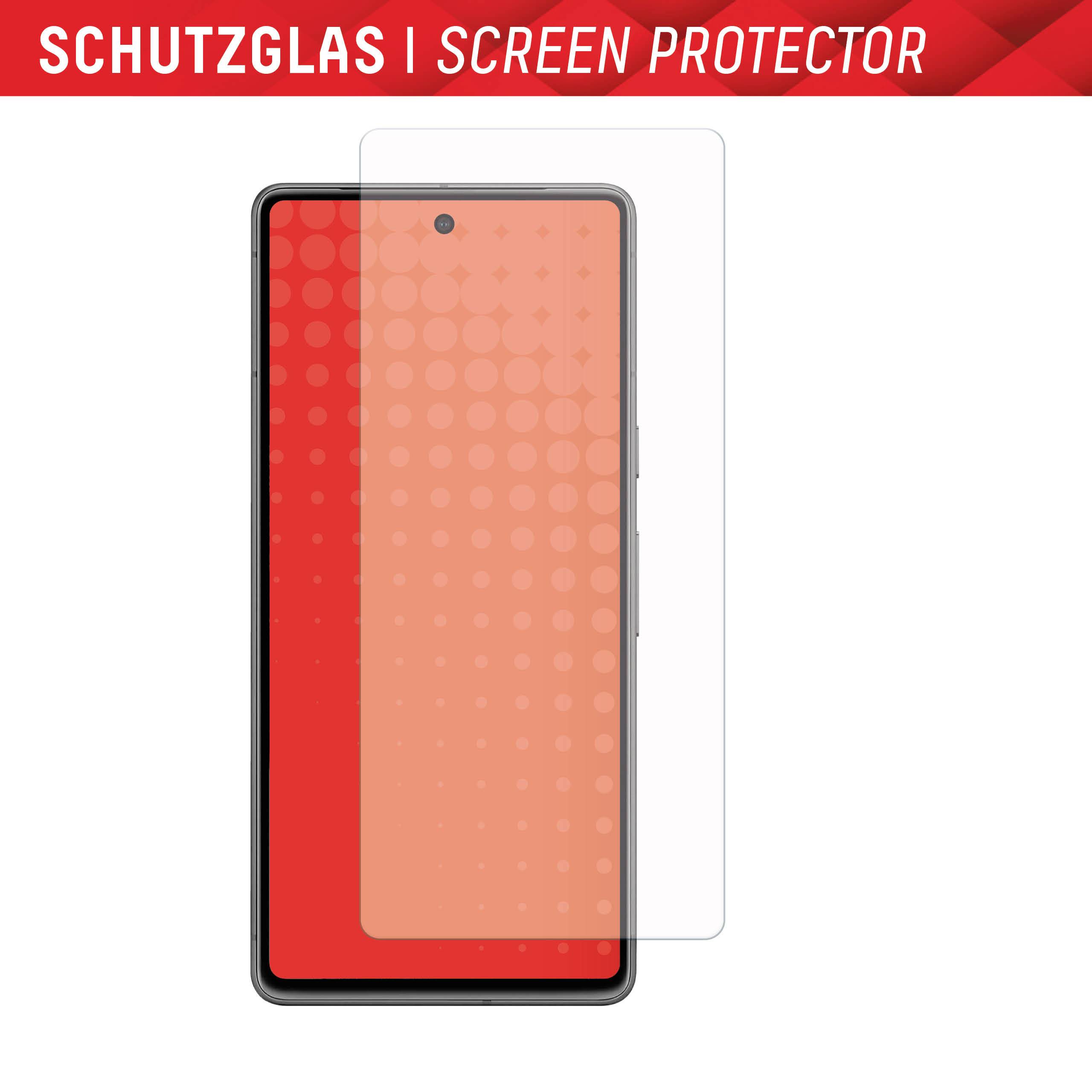 Telefon komórkowy z wyświetlaczem i nałożonym szkłem ochronnym. Tekst u góry: 'Szkło ochronne | Screen Protector', czerwone tło.