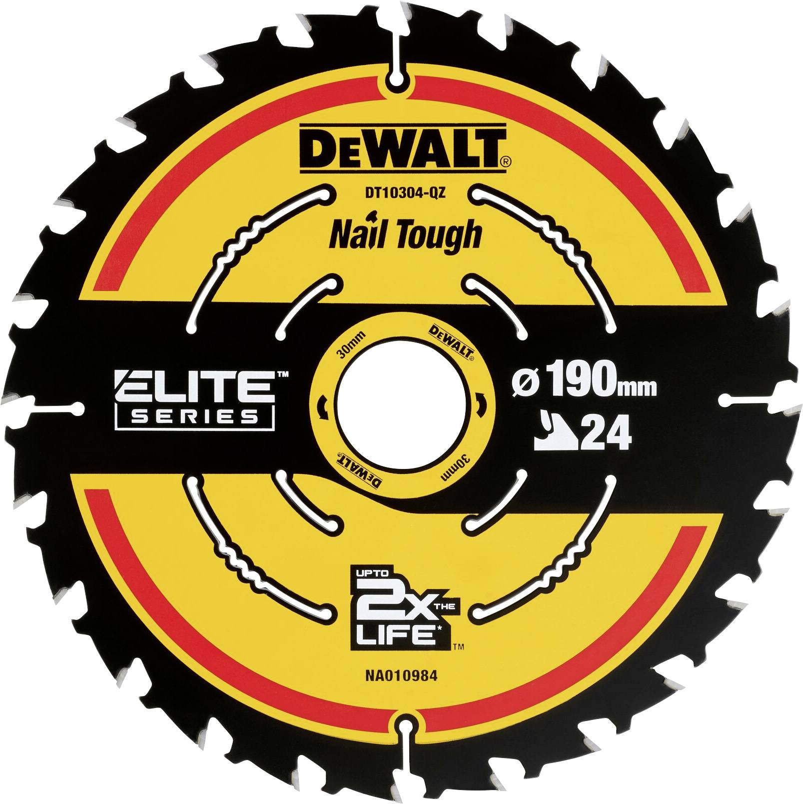 Tarcza piły marki DeWalt, model DT10304-QZ, seria Elite, 'Nail Tough', średnica 190 mm, 24 zęby, zwiększona trwałość.