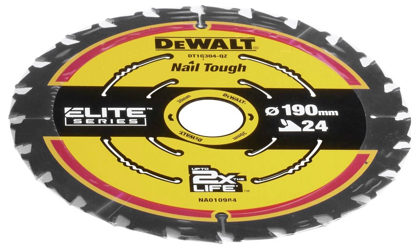 Tarcza piły tarczowej marki DeWalt o średnicy 190 mm z 24 zębami, odpowiednia do zastosowań w trudnych warunkach, także przy pracach z gwoździami.