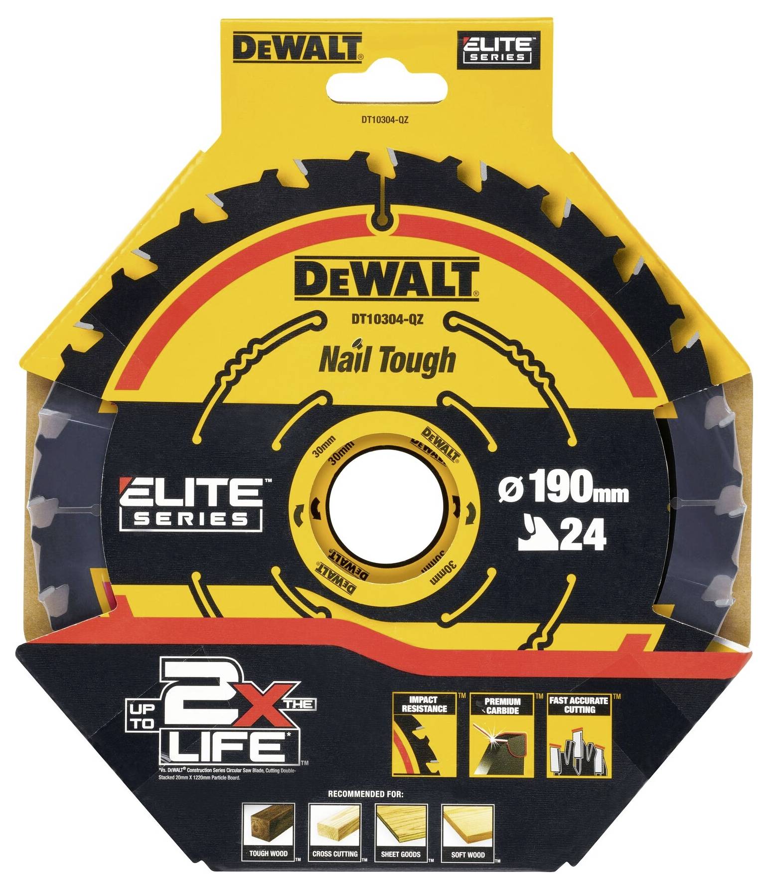 Brzeszczot DEWALT Elite Series, 190 mm średnicy, 24 zęby, odpowiedni do drewna.
