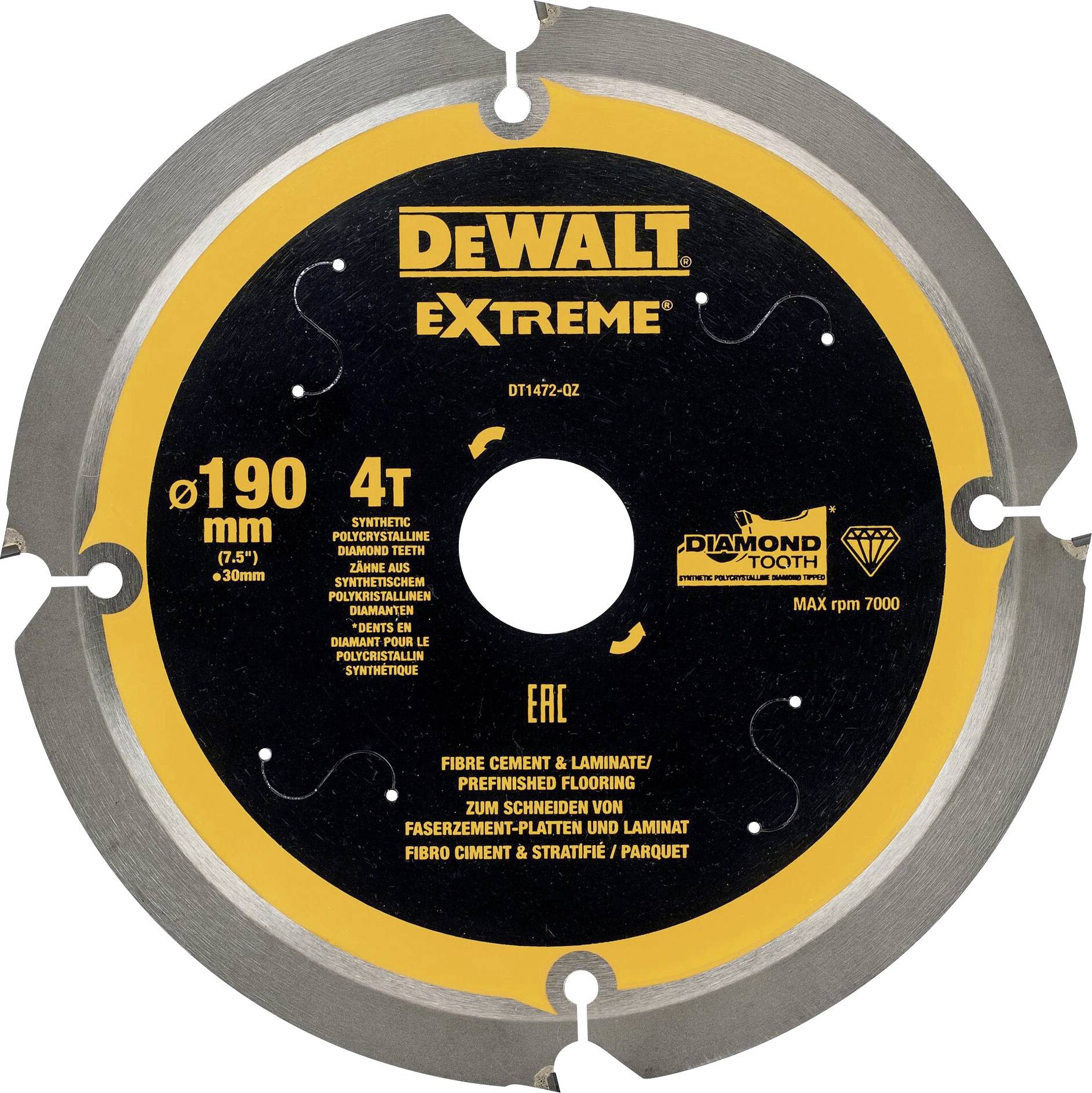 Piła tarczowa DeWalt Extreme, średnica 190 mm, 4 zęby, odpowiednia do płyt włóknocementowych i laminatu, maks. prędkość obrotowa 7000 obr./min.