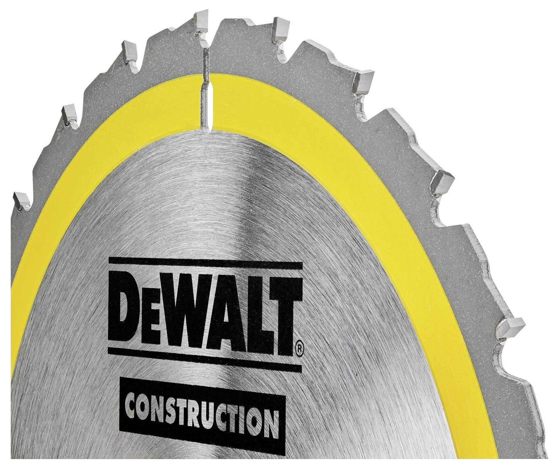Piła tarczowa z napisem 'DeWalt Construction', srebrzysto-szara z żółtą krawędzią, przeznaczona do prac budowlanych.