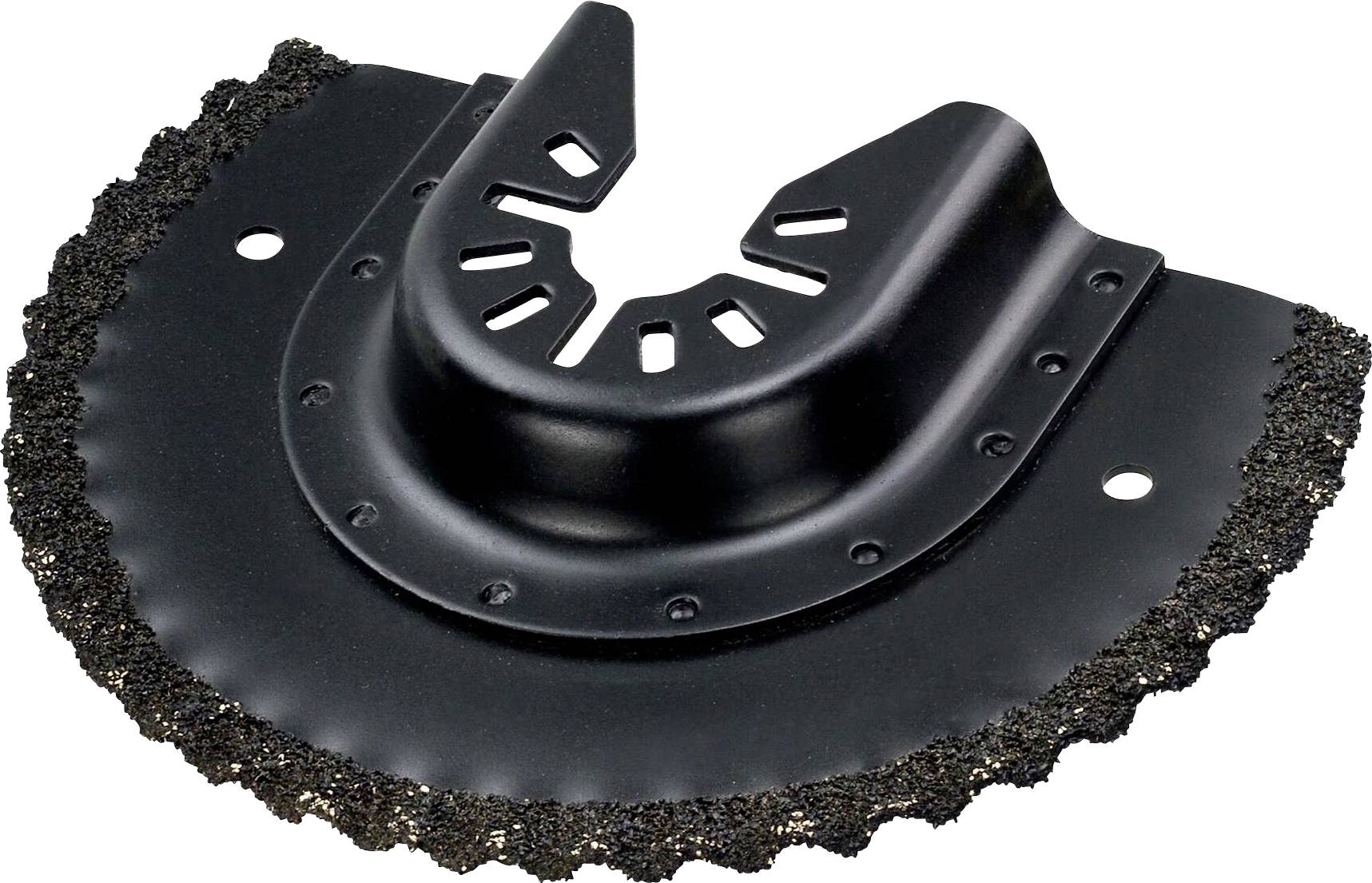 Półokrągłe piłowe ostrze oscylacyjne z falistą krawędzią i ząbkowanym ostrzem, odpowiednie do cięcia twardych materiałów.