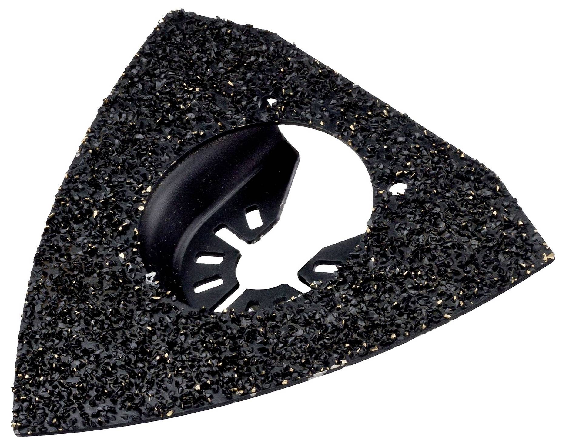 Trójkątna tarcza szlifierska o grubej, ciemnej ziarnistości, odpowiednia do szlifowania twardych materiałów.