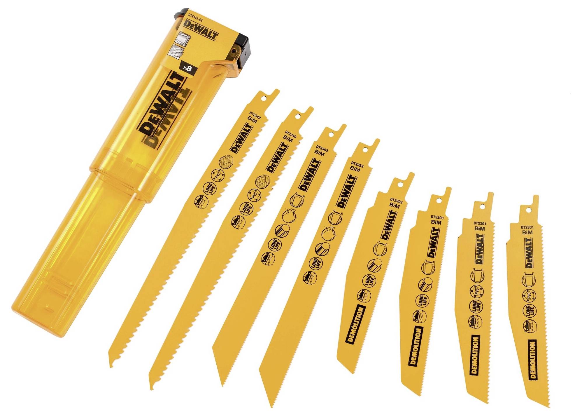 Zestaw ośmiu brzeszczotów Dewalt w różnych rozmiarach, każdy z logo producenta i symbolami. Opakowanie w lewym górnym rogu.