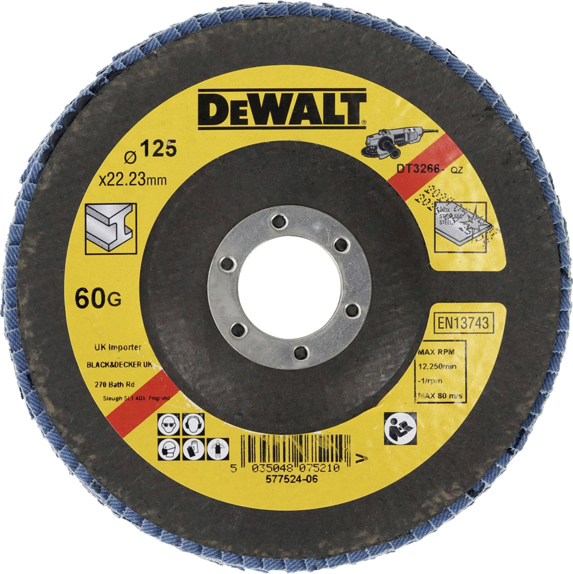 Tarcza szlifierska marki DEWALT, średnica 125 mm, ziarnistość 60. Odpowiednia do obróbki metalu. Żółty nadruk na czarnym tle.