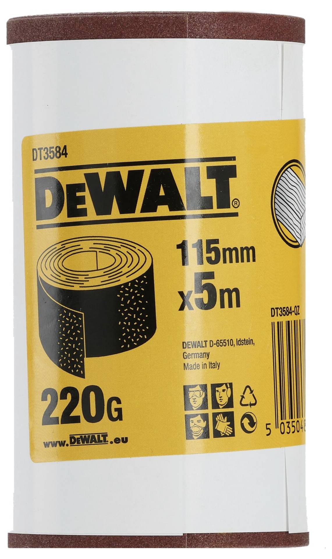 Rolka papieru ściernego DeWalt, 115 mm x 5 m, ziarnistość 220, wyprodukowana we Włoszech. Opakowanie jest żółte z czarnym logo marki.